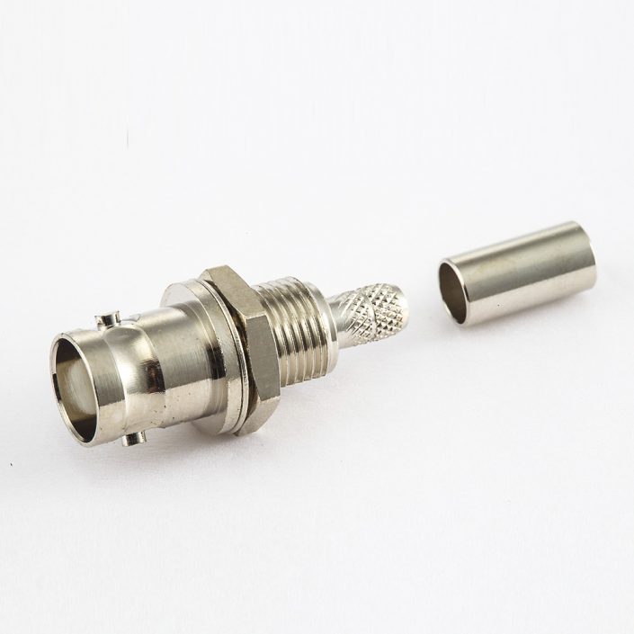 用于RG58/RG142的BNC母頭壓接連接器直式面板安裝后鎖穿墻 用于RG58/RG142的BNC母頭壓接連接器直式面板安裝后鎖穿墻