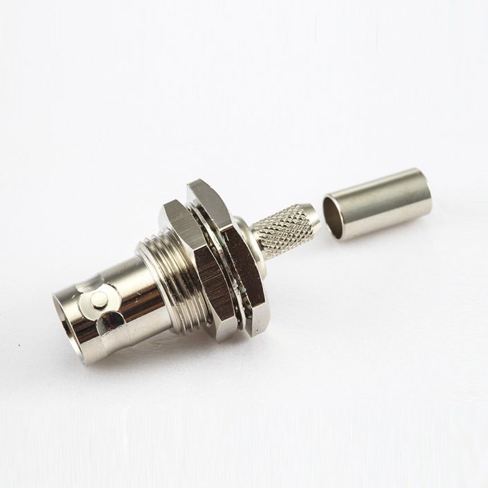BNC連接器母直式穿墻壓接RG58/RG142其他銅鍍鎳標準50Ω/75Ω BNC連接器母直式穿墻壓接RG58/RG142其他銅鍍鎳標準50Ω/75Ω